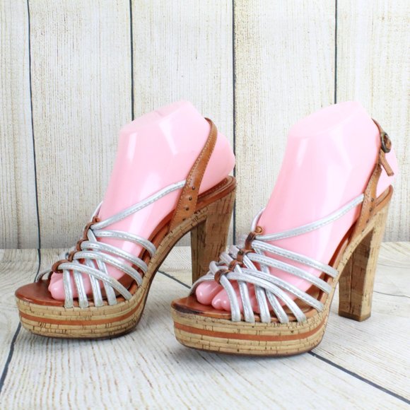 Frye Shoes - Frye Lena White Leather Strappy Sling Back Cork Platform Heeled Sandals 7 M